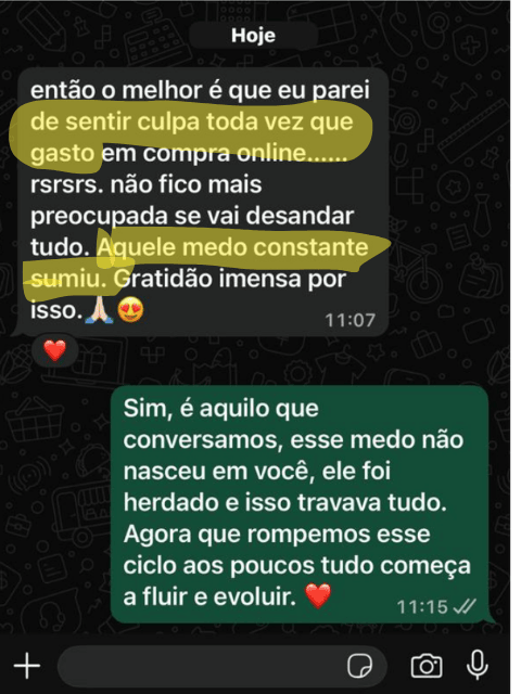 Print de conversa de WhatsApp com depoimento sobre fim da culpa com compras