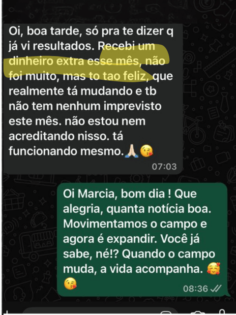 Print de conversa de WhatsApp com depoimento de Márcia