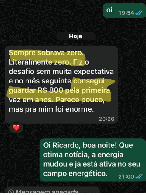 Print de conversa de WhatsApp com depoimento de Ricardo