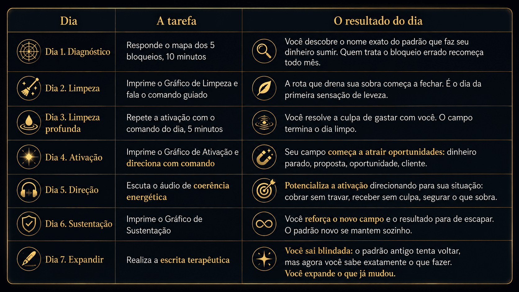 Cronograma visual dos 7 dias do protocolo